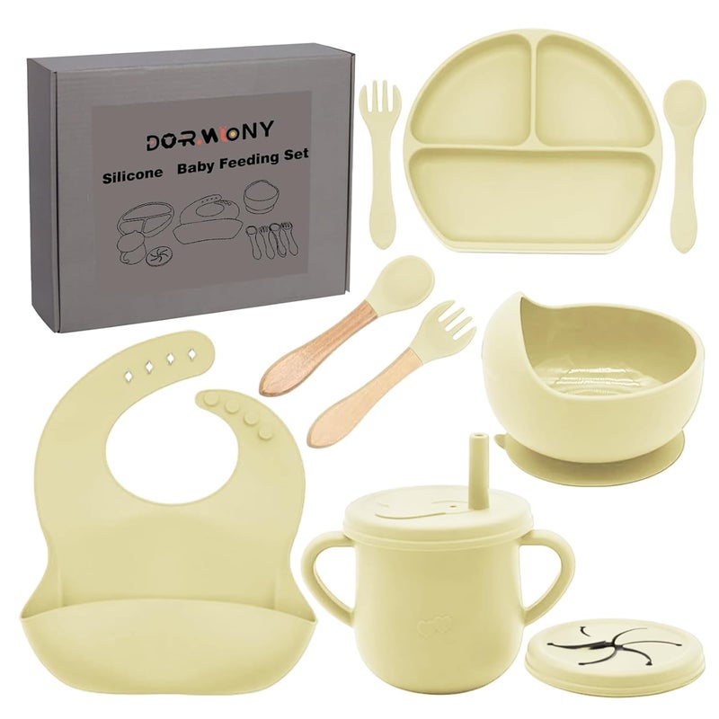 Dormlony 100% Silicone Baby Feeding Set,BPA Free Baby Dishes Set with Suction Bowl Divided Plate,Toddler Self Feeding Dish Set with Spoons Forks Sippy Cup and Bib, Baby Eating Utensils (Yellow) - Image 1